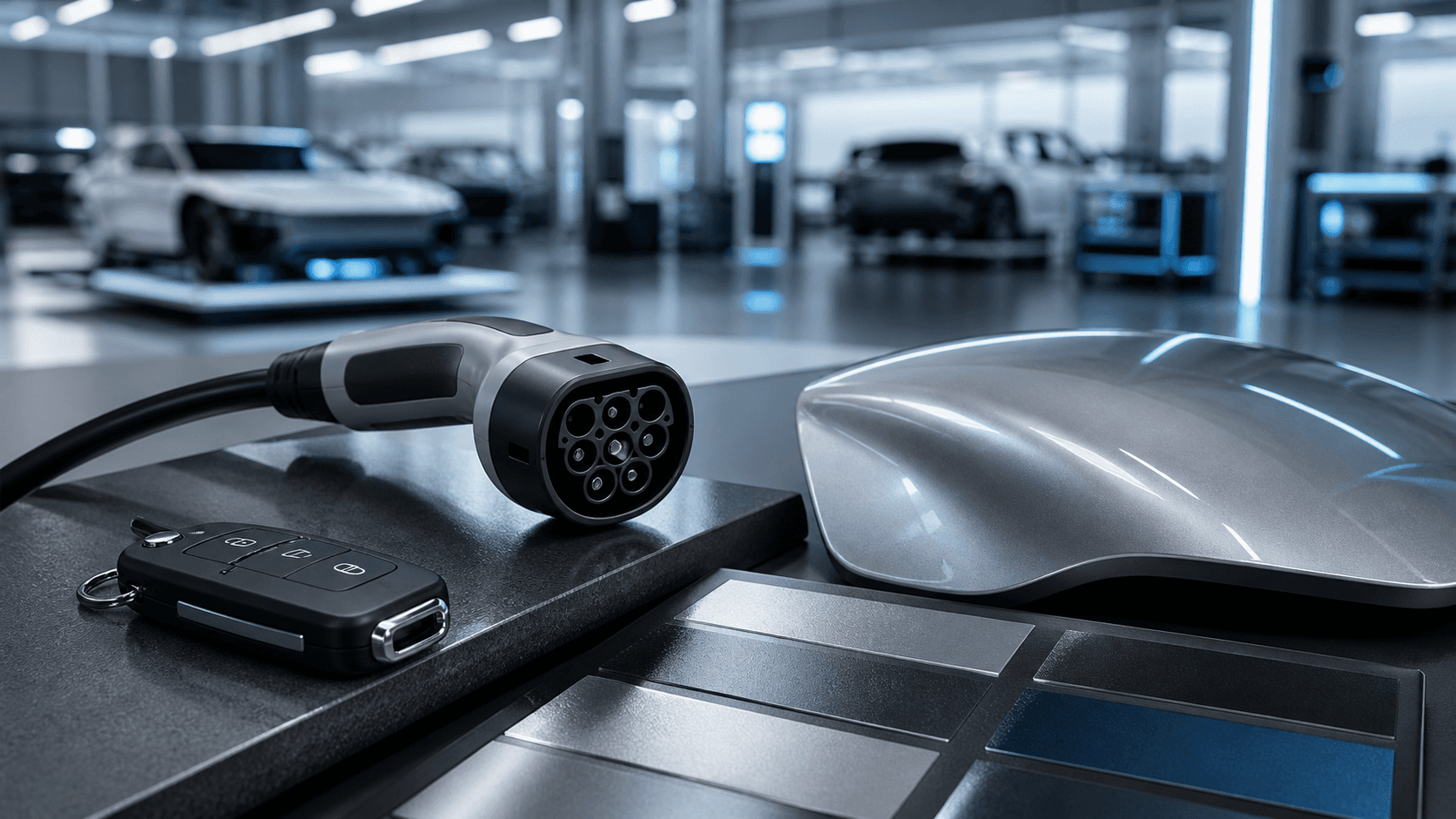 Unbranded electric vehicle and automotive manufacturing details in a modern studio