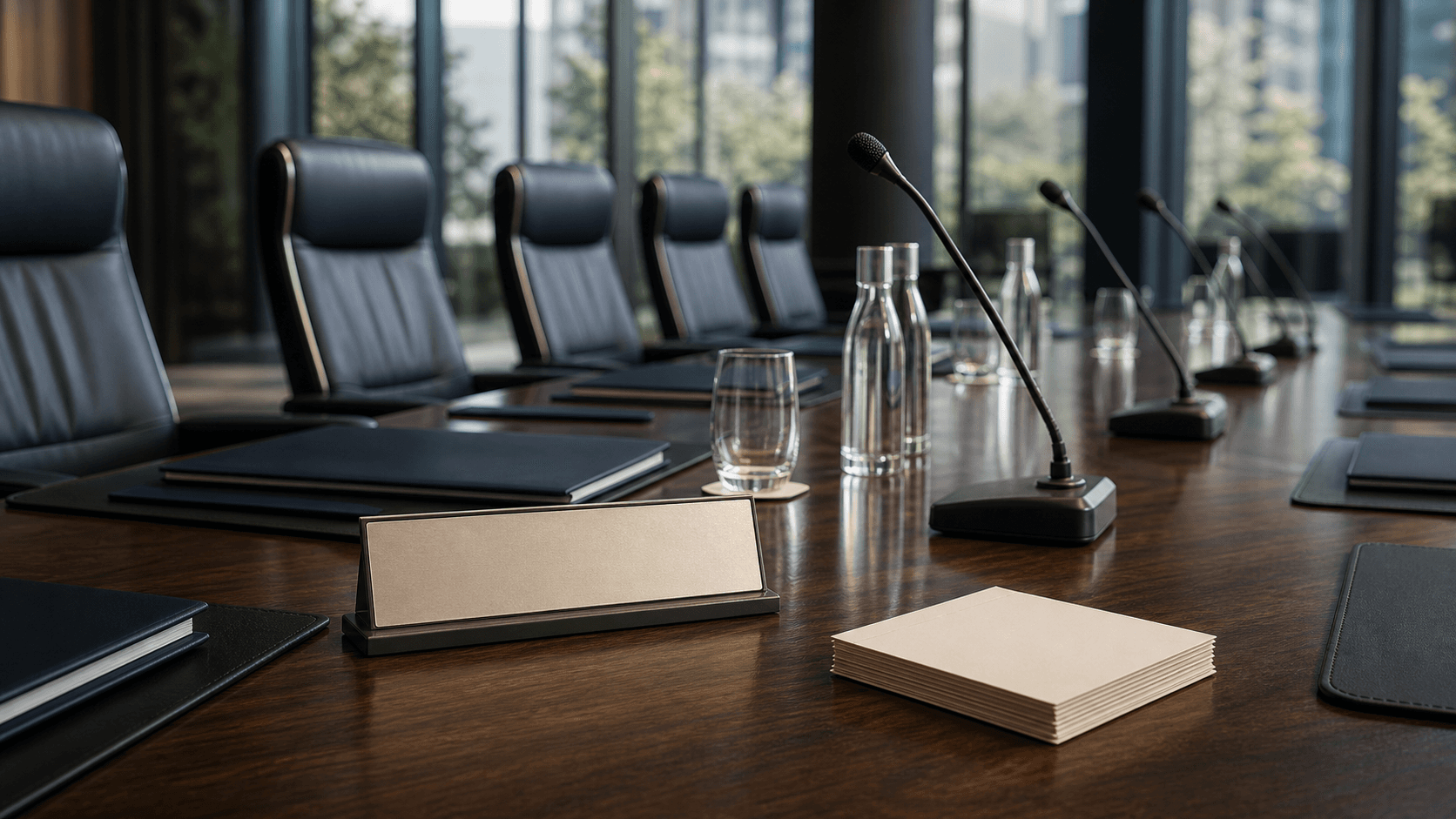 Empty conference room and governance materials for CEO transitions and shareholder meetings